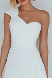 One Shoulder A Line Ruched Little White Dress