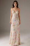 Pink Spaghetti Straps Floral Sheath Evening Dress