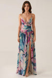 Purple Spaghetti Straps Printed Formal Dress