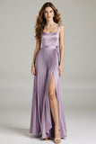 Purple Spaghetti Straps Pleated Satin Evening Dress