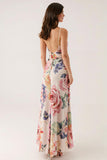 Pink Floral Spaghetti Straps Sheath Evening Dress