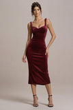 Burgundy Bodycon Velvet Midi Formal Dress
