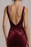 Burgundy Bodycon Velvet Midi Formal Dress