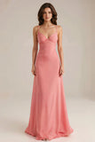 Peach V Neck A Line Long Evening Dress