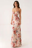 Light Pink Floral V Neck Sheath Long Evening Dress