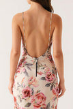 Light Pink Floral V Neck Sheath Long Evening Dress