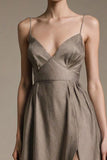 Coffee V Neck A Line Long Evening Dress with Slit