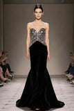 Sparkly Strapless Black Mermaid Velvet Evening Dress