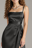 Black Satin Spaghetti Straps Sheath Long  Formal Dress with Slit