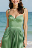 Light Green Satin Ruched A Line Corset Long Prom Dress