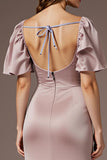 Light Pink Satin Mermaid Square Neck Long Wedding Guest Dress