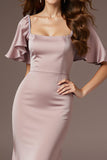 Light Pink Satin Mermaid Square Neck Long Wedding Guest Dress