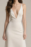 Simple Ivory Satin V-Neck Sheath Long Prom Dress