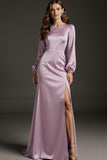 Light Purple Satin Mermaid Long Sleeves Formal Dress with Slit