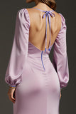 Light Purple Satin Mermaid Long Sleeves Formal Dress with Slit