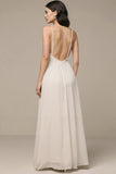 Ivory Chiffon A Line Spaghetti Straps Corset Long Prom Dress with Slit