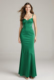 Green Satin Mermaid Spaghetti Straps Long Formal Dress