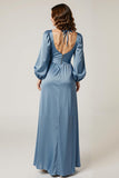 Lake Blue Satin Sheath Ruffle Long Sleeves Formal Dress with Slit