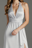 Light Grey Satin Halter Sheath Long Formal Dress with Slit