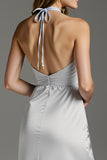 Light Grey Satin Halter Sheath Long Formal Dress with Slit