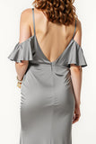 Steel Grey Satin Cold Shoulder Mermaid Long Formal Dress