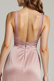 Light Pink Satin V-Neck Sheath Ruched Formal Dress