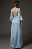 Light Blue Satin Sheath Sweetheart Long Formal Dress with Sleeves