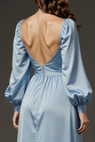 Light Blue Satin Sheath Sweetheart Long Formal Dress with Sleeves