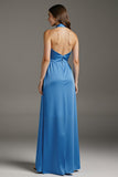Lake Blue A Line Satin Long Formal Dress