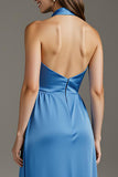 Lake Blue A Line Satin Long Formal Dress