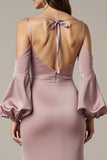 Light Pink Mermaid Satin Long Formal Dress with Sleeves