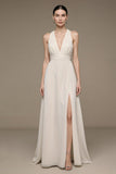 V-Neck Ivory A Line Long Formal Dress with Slit