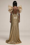 Sparkly Gold Mermaid Ruffled Pageant Dress with Slit