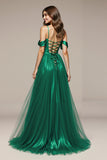 Cold Shoulder Green A-Line Satin Pageant Dress with Slit