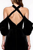 Black A Line Halter Velvet Pageant Dress with Slit
