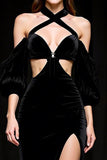 Black A Line Halter Velvet Pageant Dress with Slit