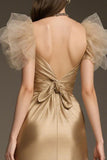 Sparkly Gold A-Line Satin Ruffled Long Pageant Dress