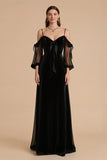 A Line Cold Shoulder Long Black Tie Dress with Sleeves