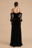 A Line Cold Shoulder Long Black Tie Dress with Sleeves