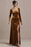 Twilight Sheath Velvet Square Neck Long Formal Dress with Slit