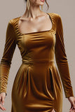 Twilight Sheath Velvet Square Neck Long Formal Dress with Slit