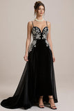 A Line Spaghetti Straps Long Black Tie Dress with Appliques