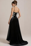 A Line Spaghetti Straps Long Black Tie Dress with Appliques
