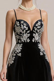 A Line Spaghetti Straps Long Black Tie Dress with Appliques