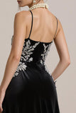 A Line Spaghetti Straps Long Black Tie Dress with Appliques