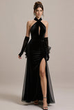 Sheath Halter Keyhole Long Black Tie Dres with Slit