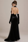 Sheath Halter Keyhole Long Black Tie Dres with Slit