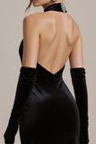 Sheath Halter Keyhole Long Black Tie Dres with Slit