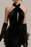 Sheath Halter Keyhole Long Black Tie Dres with Slit