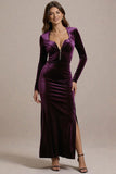 Plum Velvet Sheath Long Sleeve Formal Dress with Slit